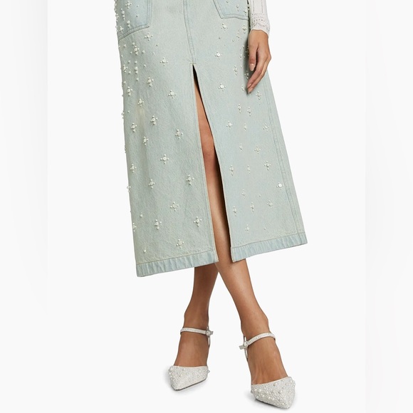 Sea Light Blue Embroidered Denim Midi Skirt - Picture 5 of 15